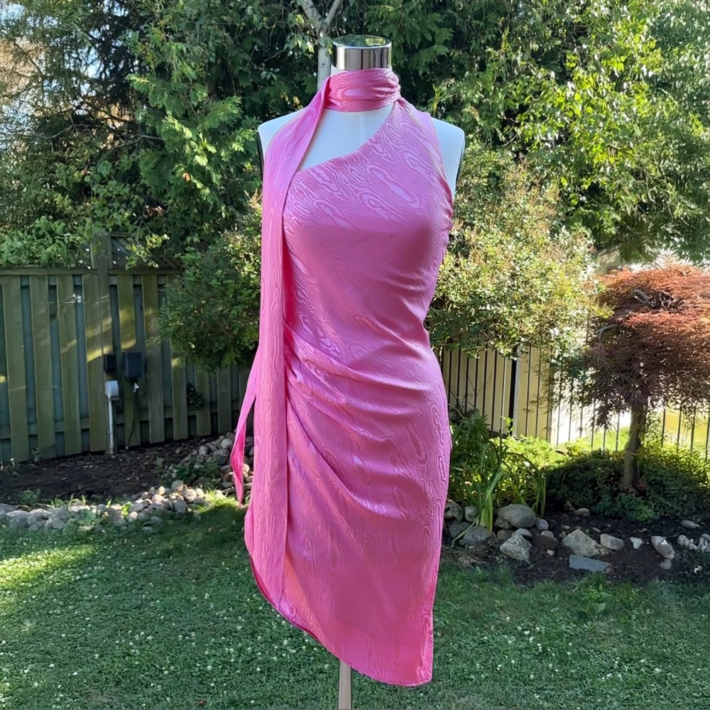 Ronny Kobo Primrose Pink Zoey Moire Dress One-Shoulder Asymmetrical Dress - XS